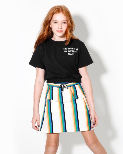 camiseta cropped saia infantil listras verão 2021 meninas