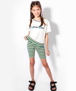 blusa infantil feminina manga curta estampa de frase e bermuda listrada verão 2021