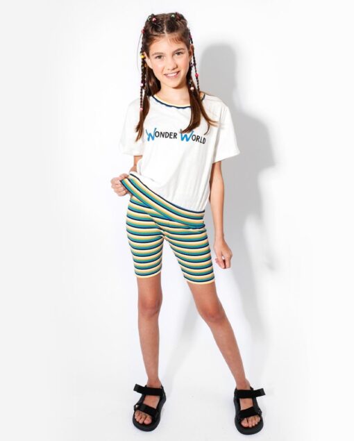 blusa infantil feminina manga curta estampa de frase e bermuda listrada verão 2021