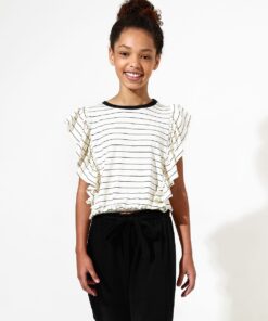 blusa cropped babados listrada calça infantil feminina moletom leve amarração