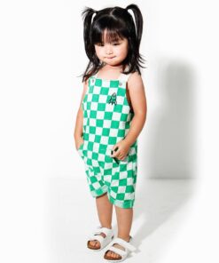 jardineira em malha jacquard quadriculado para bebê verão 2021