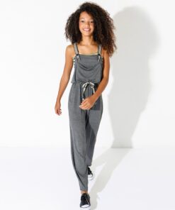 jardineira infantil longa e confortável com alça regulavel e ajuste na cintura em malha mescla com bolso frontal