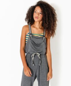 jardineira infantil longa e confortável com alça regulavel e ajuste na cintura em malha mescla com bolso frontal