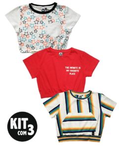 kit com 3 blusa infantil feminina cropped