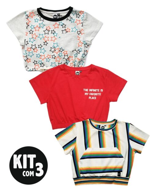 kit com 3 blusa infantil feminina cropped