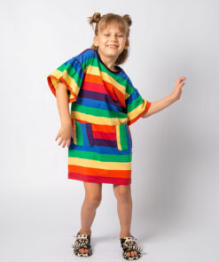 roupa moda infantil verão vestido meninas listrado colorido arco iris