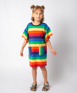 roupa moda infantil verão vestido meninas listrado colorido arco iris