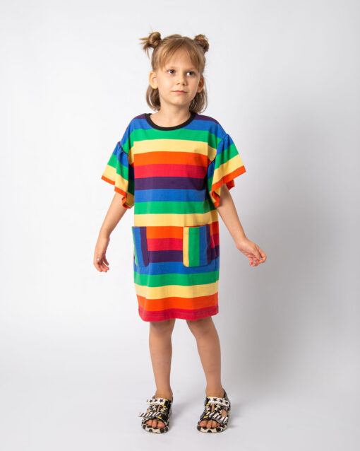 roupa moda infantil verão vestido meninas listrado colorido arco iris