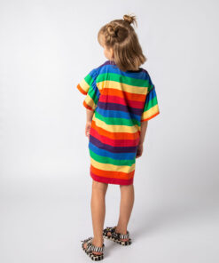 roupa moda infantil verão vestido meninas listrado colorido arco iris