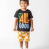 roupa moda infantil shorts moletom leve com camiseta estampa de frase para bebês